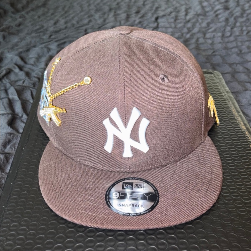 New Era Kids Brown Snapback Hat with White NY Logo and Gold Embroidery